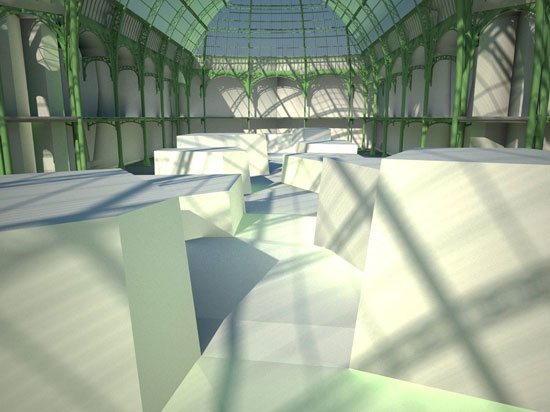 philippe rahm: 'white geology' scenography at la force de l'art 02, paris, france