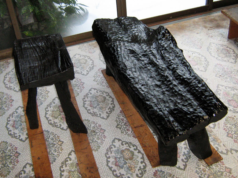 max lamb crafts urushi lacquer bench + stool from cleft chestnut found in london's springfield park