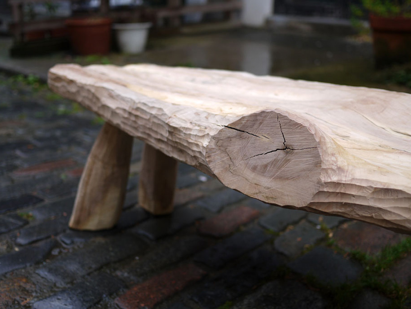 max lamb crafts urushi lacquer bench + stool from cleft chestnut found in london's springfield park