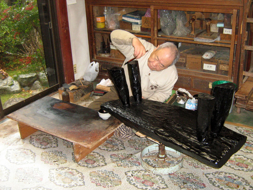 max lamb crafts urushi lacquer bench + stool from cleft chestnut found in london's springfield park