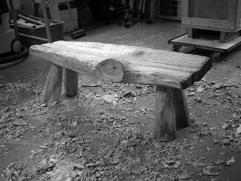 max lamb crafts urushi lacquer bench + stool from cleft chestnut found in london's springfield park