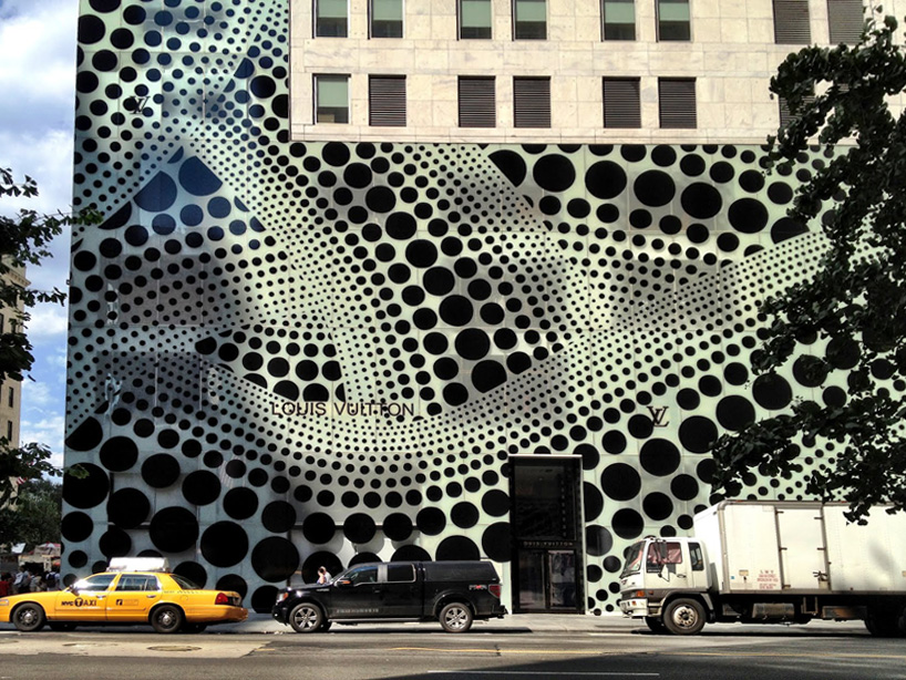 The Louis Vuitton at 57th Street had a wrap on the building, since they are  sponsoring the Yayoi Kusama exhibit at the Whitney Museum.