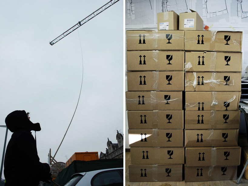 pivoting crane lamp by gijs van vaerenbergh creates 'skylight' in belgium