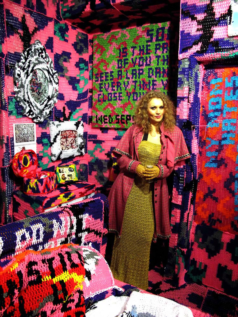 crocheted room by olek at tony's gallery, london