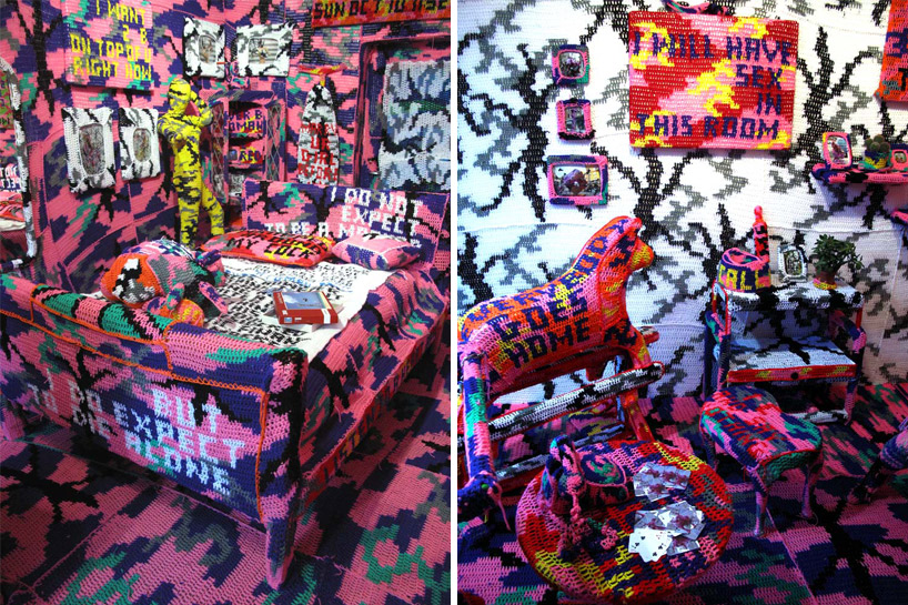 crocheted room by olek at tony's gallery, london