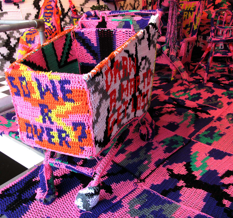 crocheted room by olek at tony's gallery, london