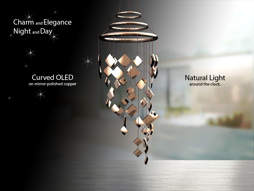 'Cascade' OLED Chandelier: Curved OLED Laminated Copper Elements