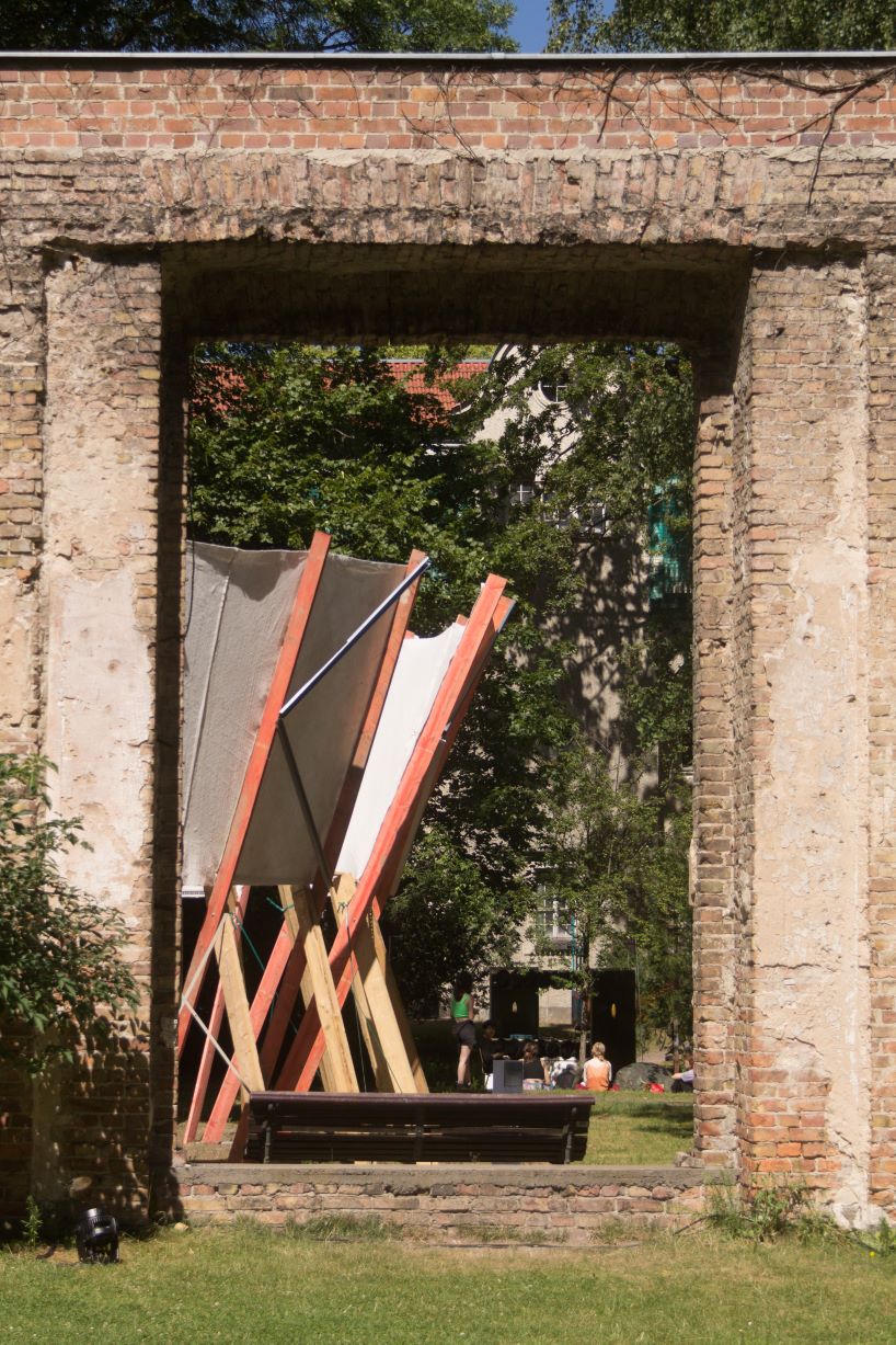 salvaged construction waste shapes material circle pavilion in berlin