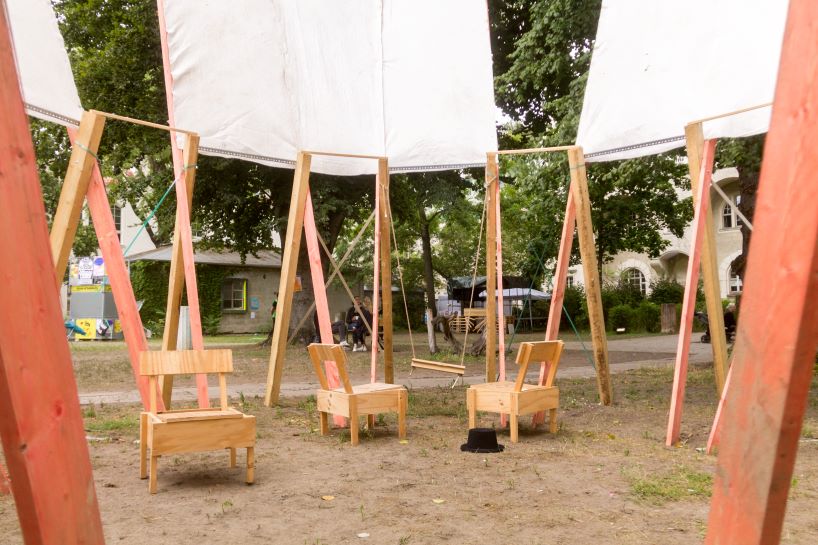 salvaged construction waste shapes material circle pavilion in berlin