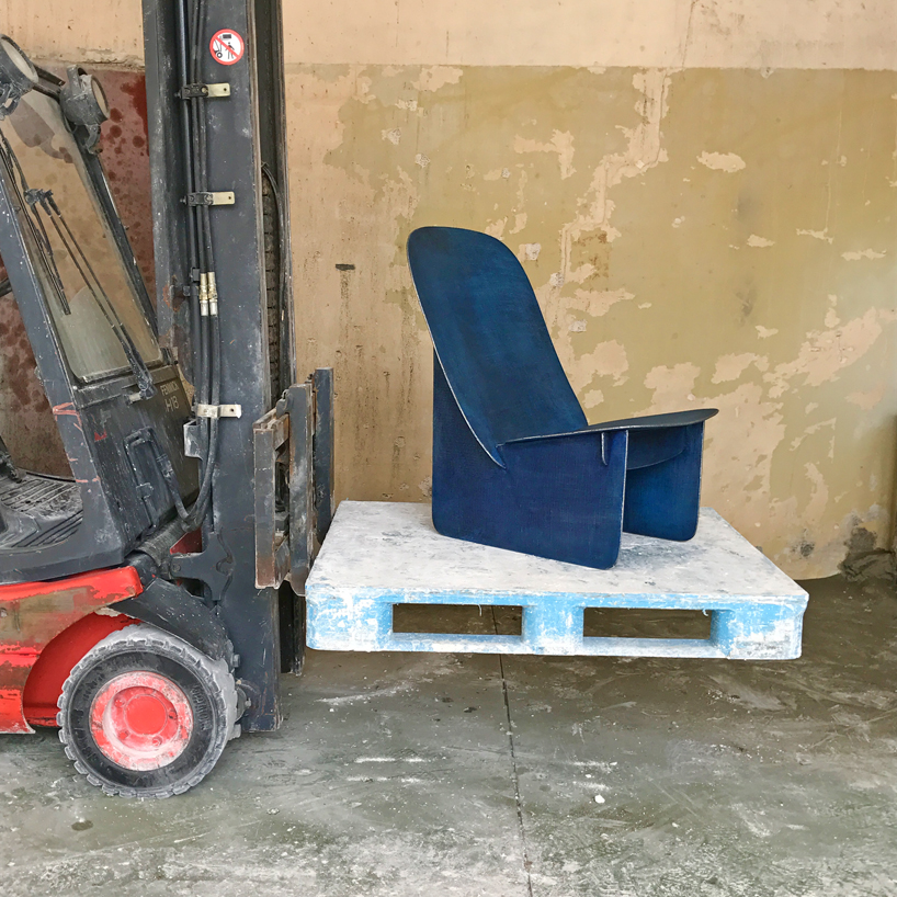 the tiss tiss chair uses a welding technique that evokes the appearance of textured denim