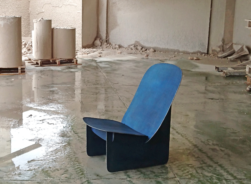 the tiss tiss chair uses a welding technique that evokes the appearance of textured denim