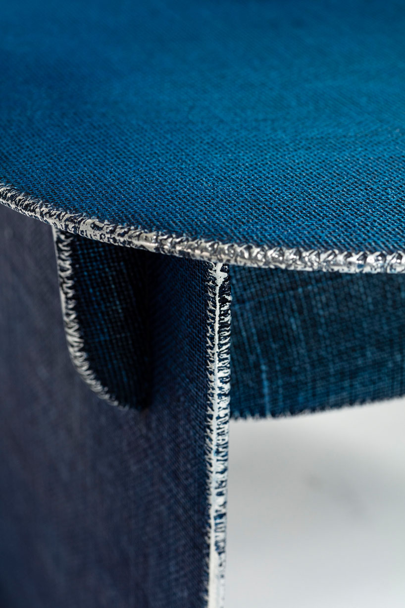 the tiss tiss chair uses a welding technique that evokes the appearance of textured denim