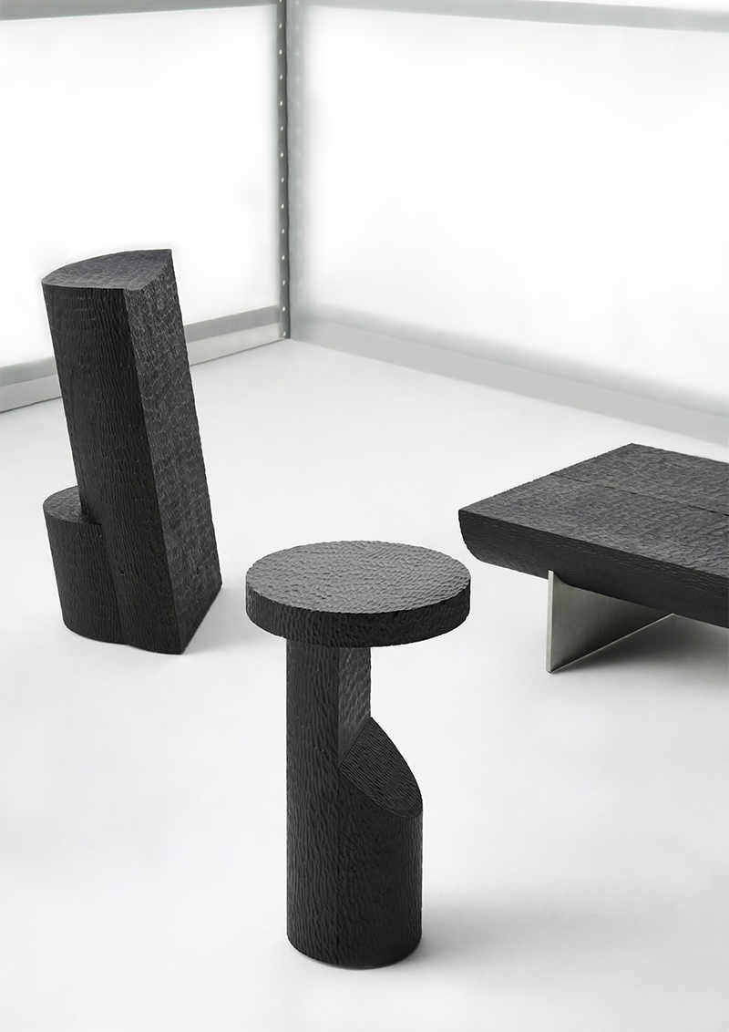 monolithic stools by ren hongfei embrace organic semi-cylindrical forms and raw textures of wood logs