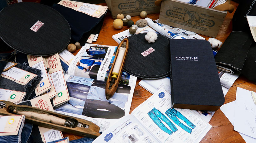 BOOKNITURE releases special edition stool using kaihara's selvedge denim fabric