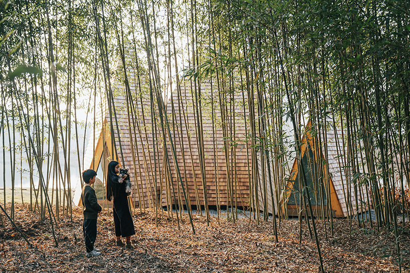 wooden shingles overlay cluster of monolithic cabins on chinese waterfront