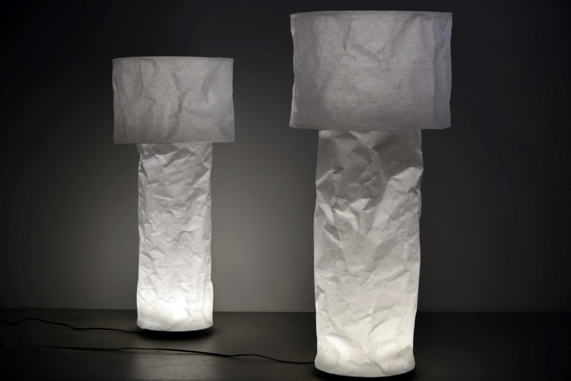 kazuhiro yamanaka’s crinkled paper and recycled polyester lamp fits inside a pizza box
