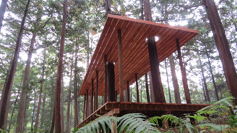 x-studio's wooden pavilion in japanese forest pays homage to black-ink paintings