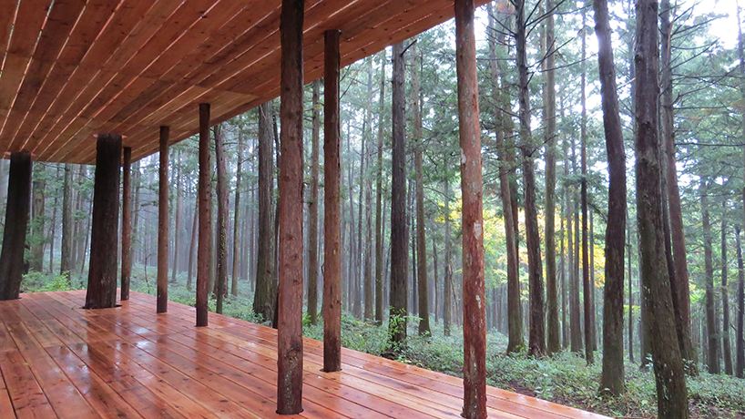 x-studio's wooden pavilion in japanese forest pays homage to black-ink paintings