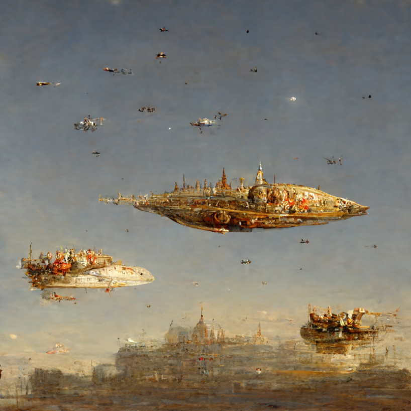 AI designs place spaceships into paintings of bosch and caravaggio