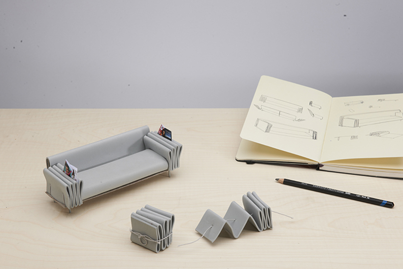 tri-folds sofa by camille paillard uses arm rest for storage