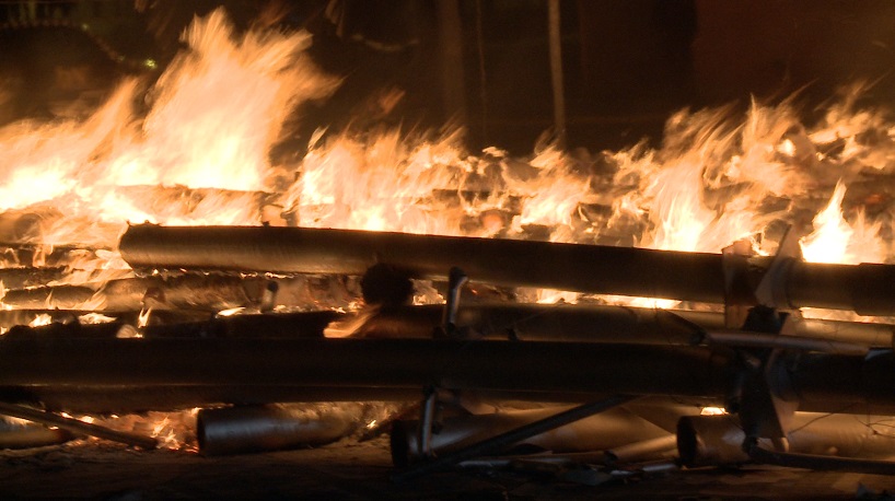 pink intruder ekklesia cardboard pavilian valencia spain fallas festival designboom