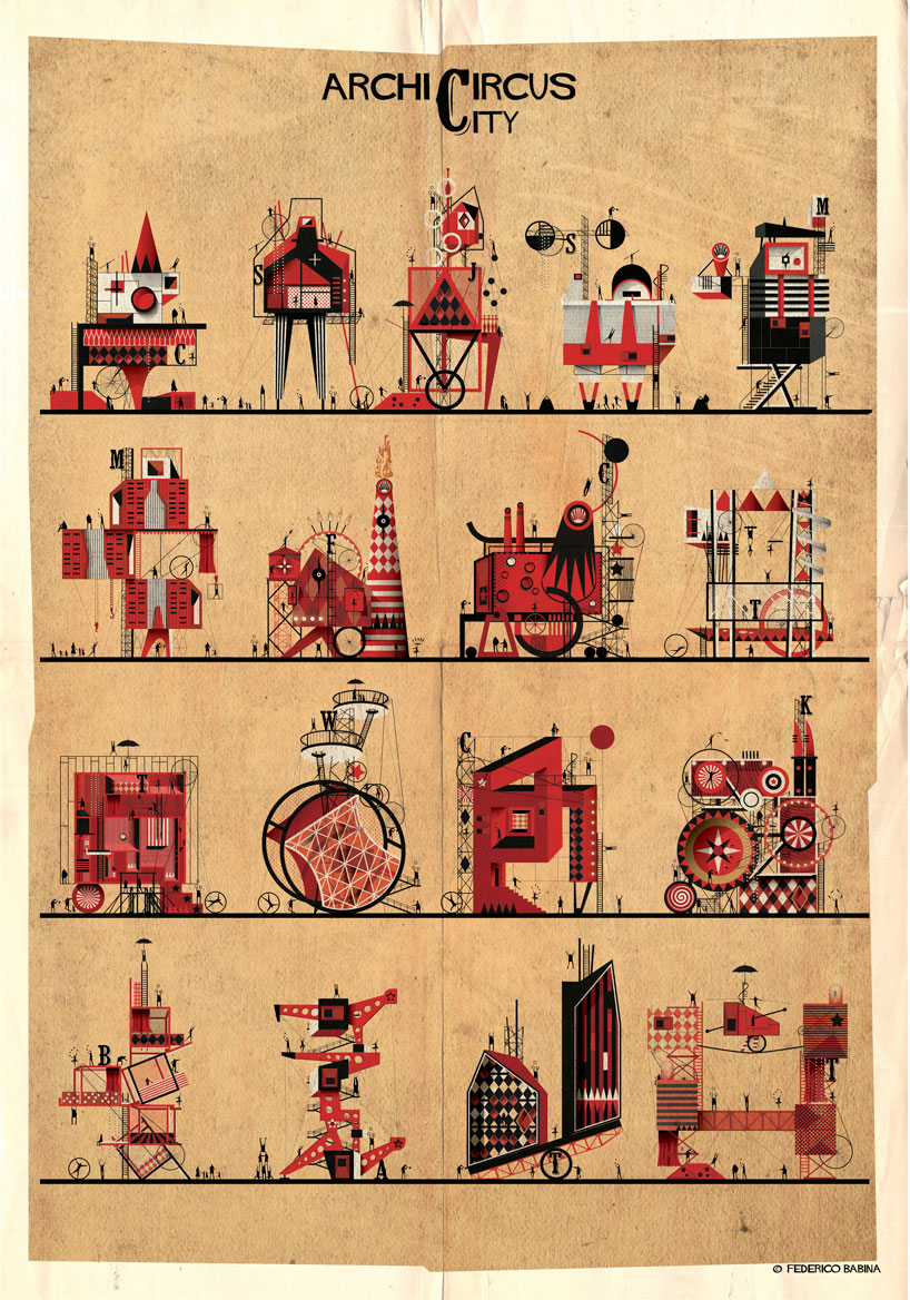   federico babina's illustrations stage dream-like architecture inside a circus show