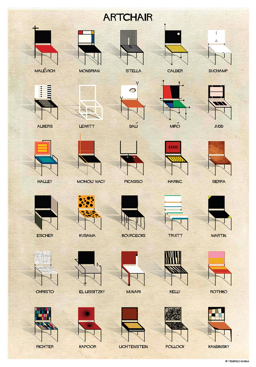 illustrator federico babina imagines 30 'artchairs' by 30 iconic artists