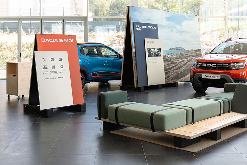 studio 5•5’s eco-friendly car showroom sets flexible furniture on recycled tire bricks