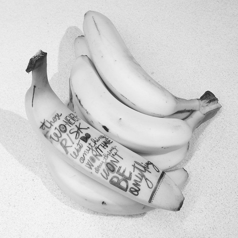 marta grossi inscribes onto temporary canvas for banana graffiti 