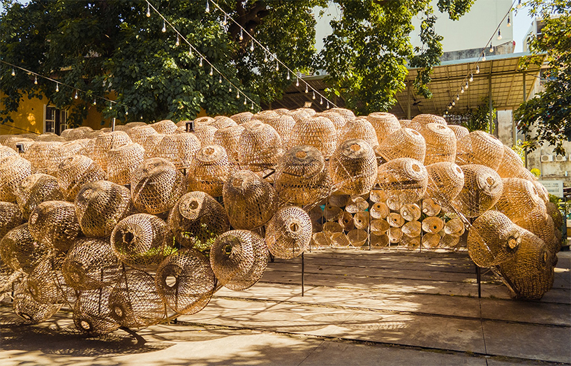500 bamboo baskets weave together for sustainable 'street urchin' pavilion in Cambodia