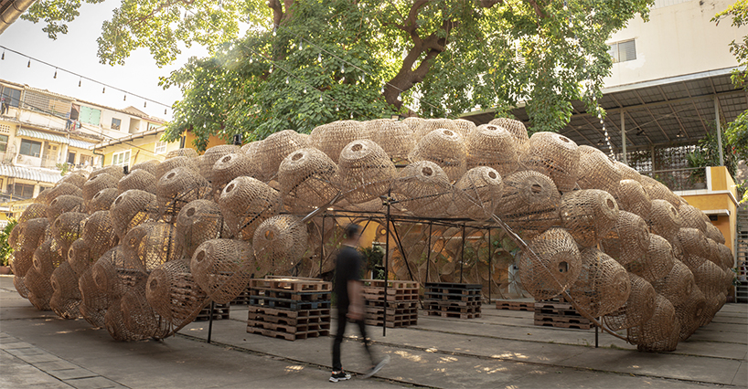 500 bamboo baskets weave together for sustainable 'street urchin' pavilion in Cambodia