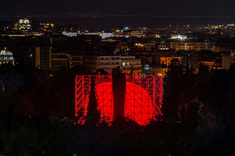 international spy artist installs a huge work of luminous art as part of the Athens 2 Shaped Exhibition