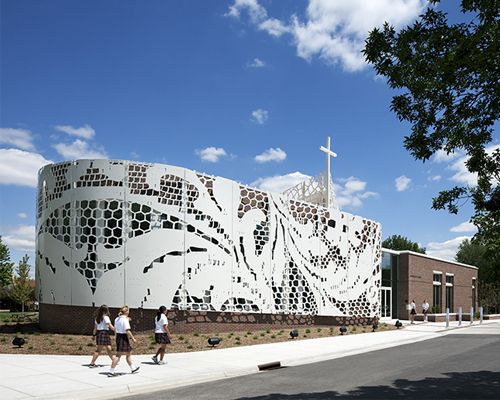 gould evans waterjet cuts aluminum lacery for st. teresa's academy