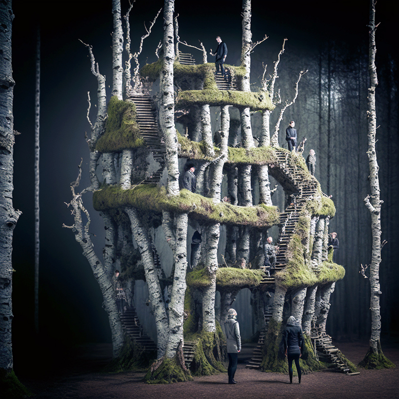 ulf mejergen contorts forest landscapes into fantastical playgrounds and mazes using AI