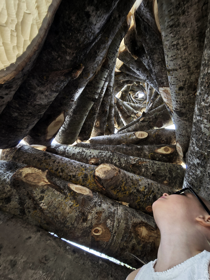 timber twist by ulf mejergren and travis child reimagines larvae shelter as spiraling log cabin