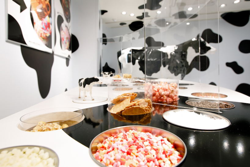 ryusuke&nbsp;nanki covers pop up store 'milk land' in shibuya in cow pattern