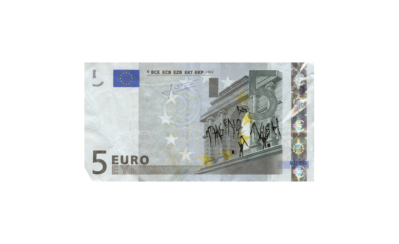 hacked euro banknotes depict economic and social instability
