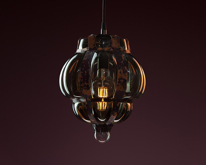 colin westeinde uses copper and molten glass in parametric pendant