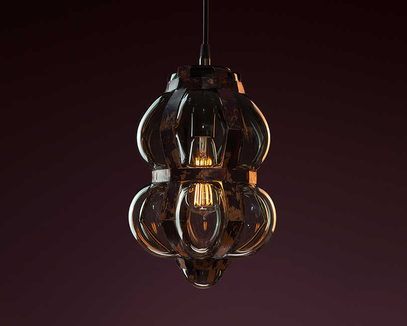 colin westeinde uses copper and molten glass in parametric pendant