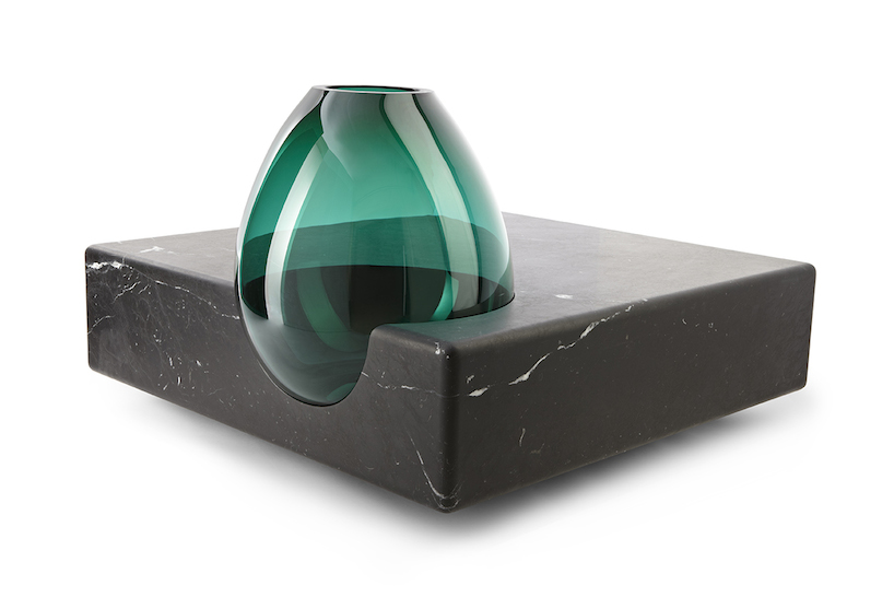 emmanuel babled fuses hand-blown glass and carrara marble with osmosi line