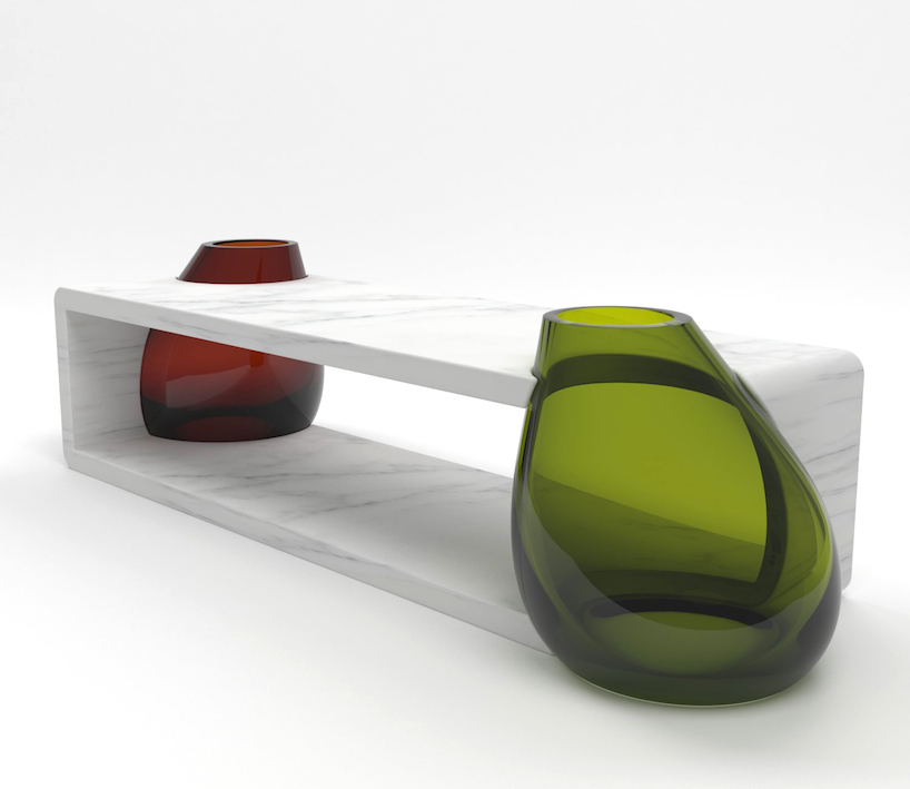 emmanuel babled fuses hand-blown glass and carrara marble with osmosi line