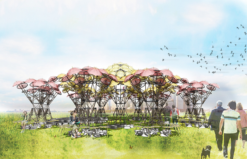 new york's city of dreams pavilion uses flower structures to adapt and grow