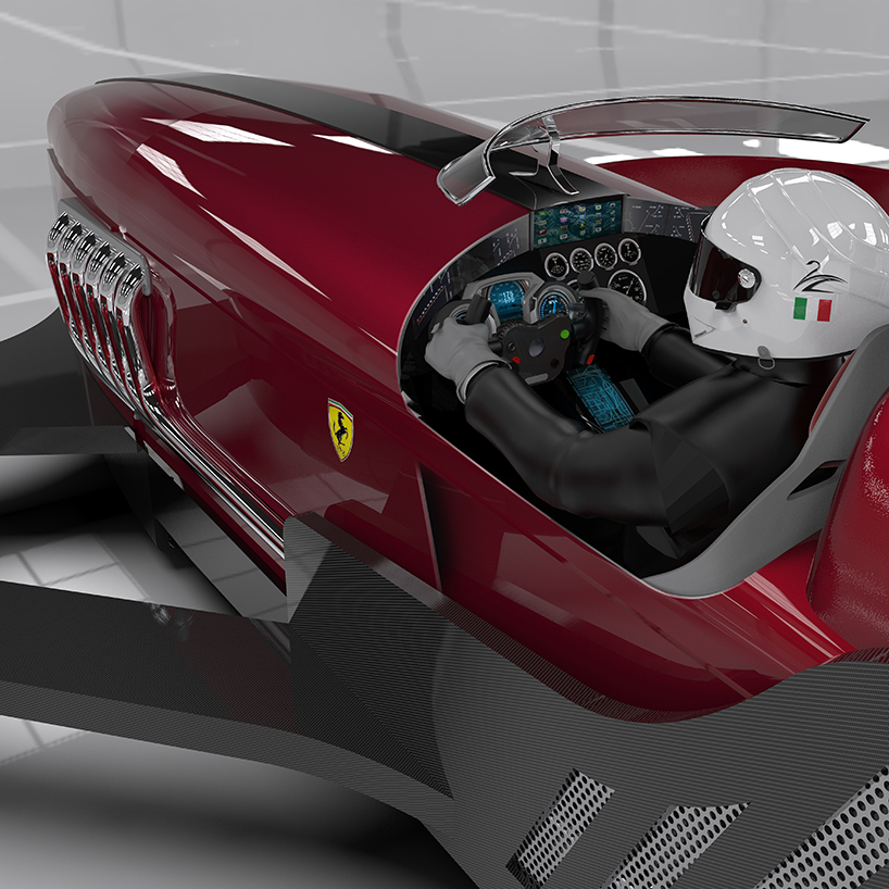 lazzarini conceives flying vehicle informed by a 1950s formula one ferrari