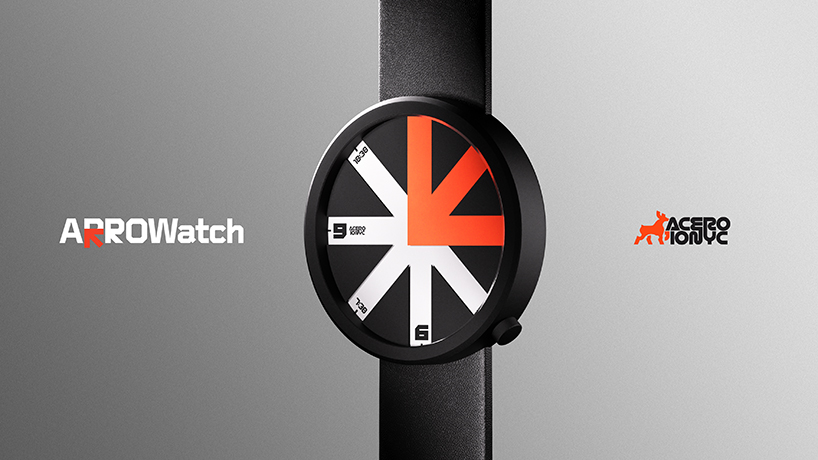 colored arrow dial rotates over eight transparent dividers in ion lucin's arrowatch