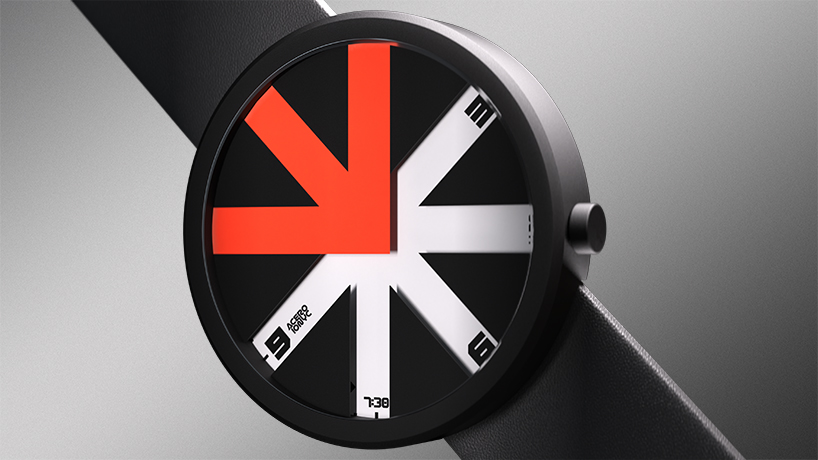 colored arrow dial rotates over eight transparent dividers in ion lucin's arrowatch