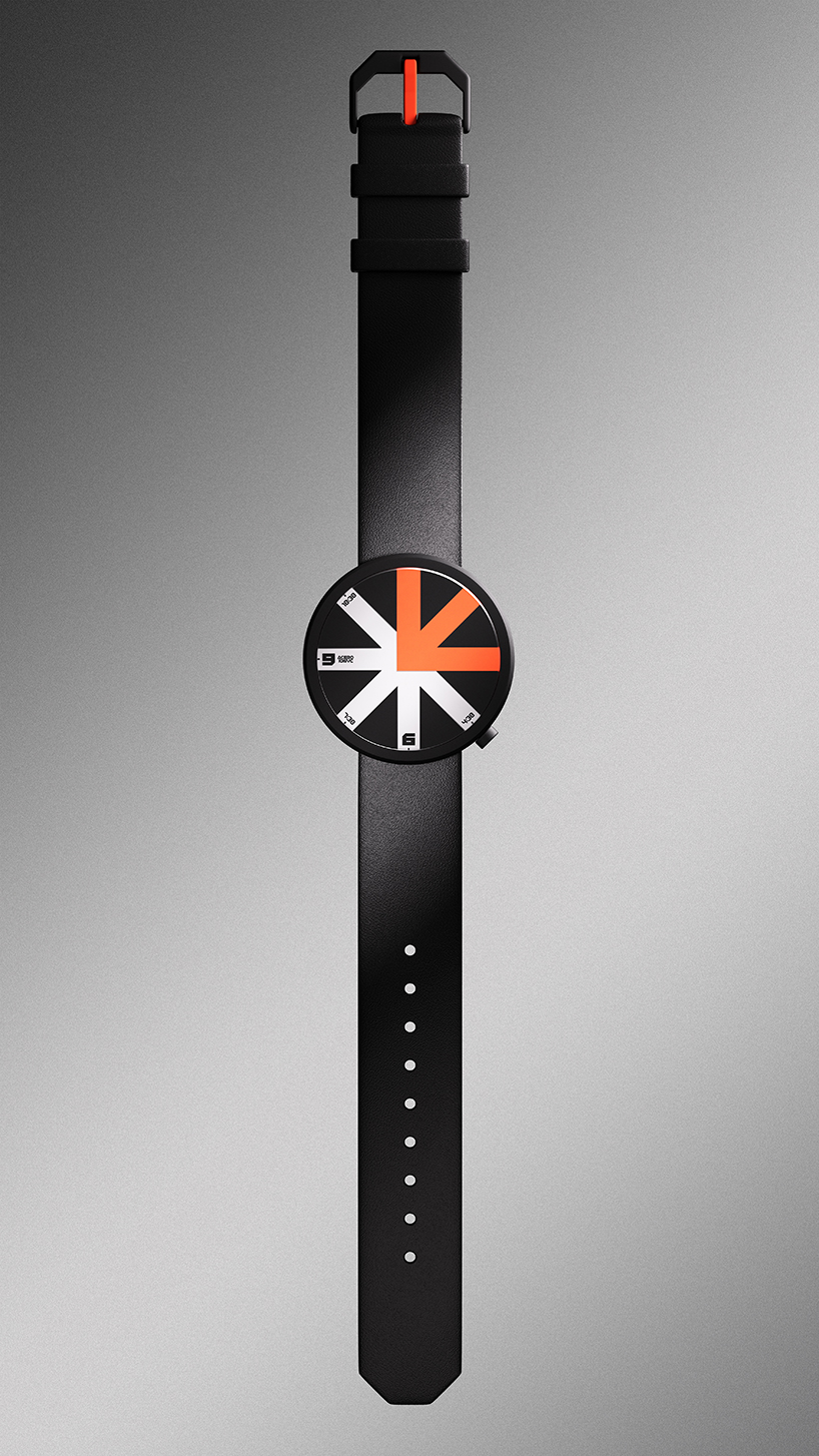 colored arrow dial rotates over eight transparent dividers in ion lucin's arrowatch