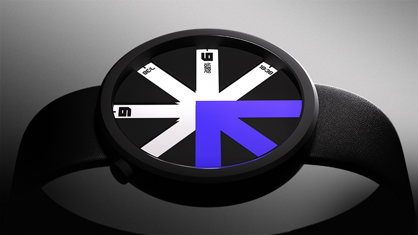 colored arrow dial rotates over eight transparent dividers in ion lucin's arrowatch