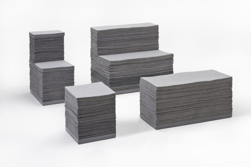 nameless architecture's stacked felt furniture creates a soft + solid café interior