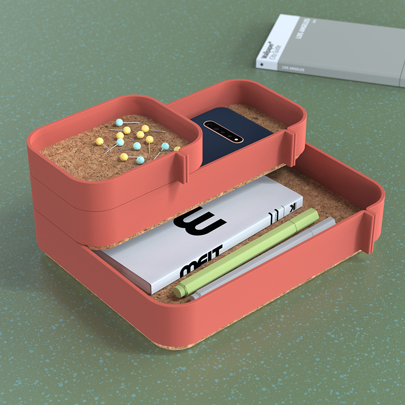 recycled food packaging turns into vibrant 3D-printed series of office items