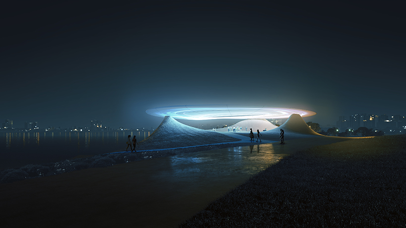 technology center by reform in china hovers above xinglong lake like an interstellar halo